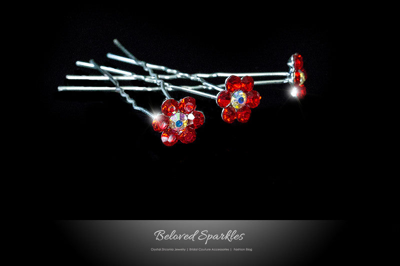 Stella-1 Ruby Red Flower Hair Stick Pin | Rhinestone - Beloved Sparkles